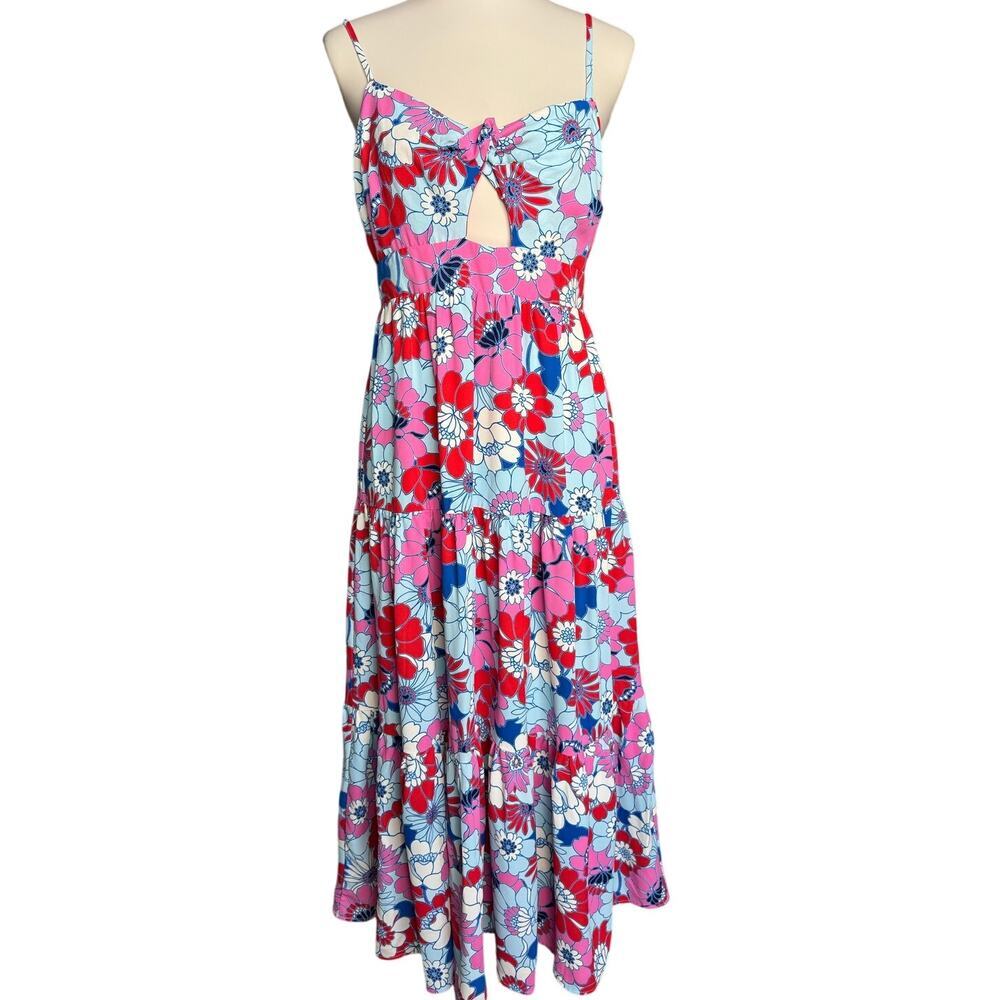 Sugarlips Floral Midi Dress Blue Pink Spaghetti Strap Smocked Back Size Medium
